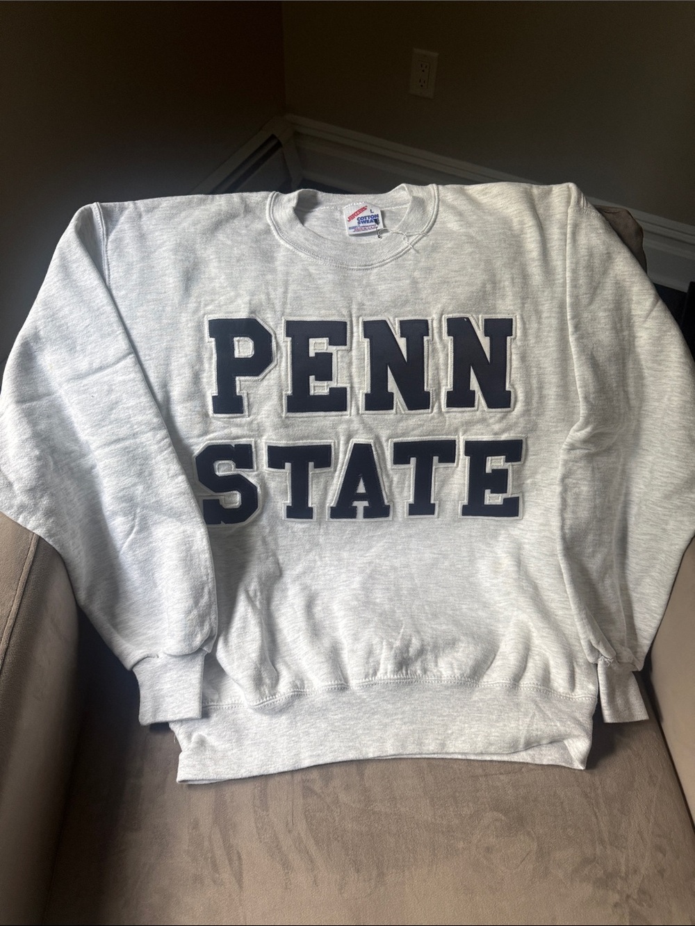 NWOT PENN STATE Jerzees Gray Crewneck Sweatshirt with Navy Penn State Letters